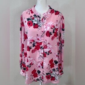 🩷”Tahari” Pink & Red Floral Mockneck Long Sleeved Sheer Blouse